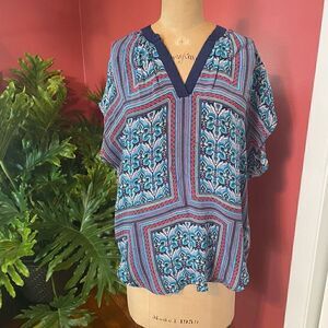 TOLANI | silk blue red v neck short sleeve dolman blouse M